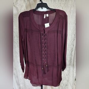 Cato Women's Wine Burgundy Lace-Up Blouse With Coordinated Tank Top